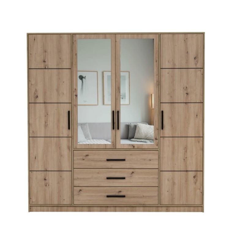 Szafa otwierana KOS D4 szerokość 196 cm czterodrzwiowa szuflady lustro dąb artisan