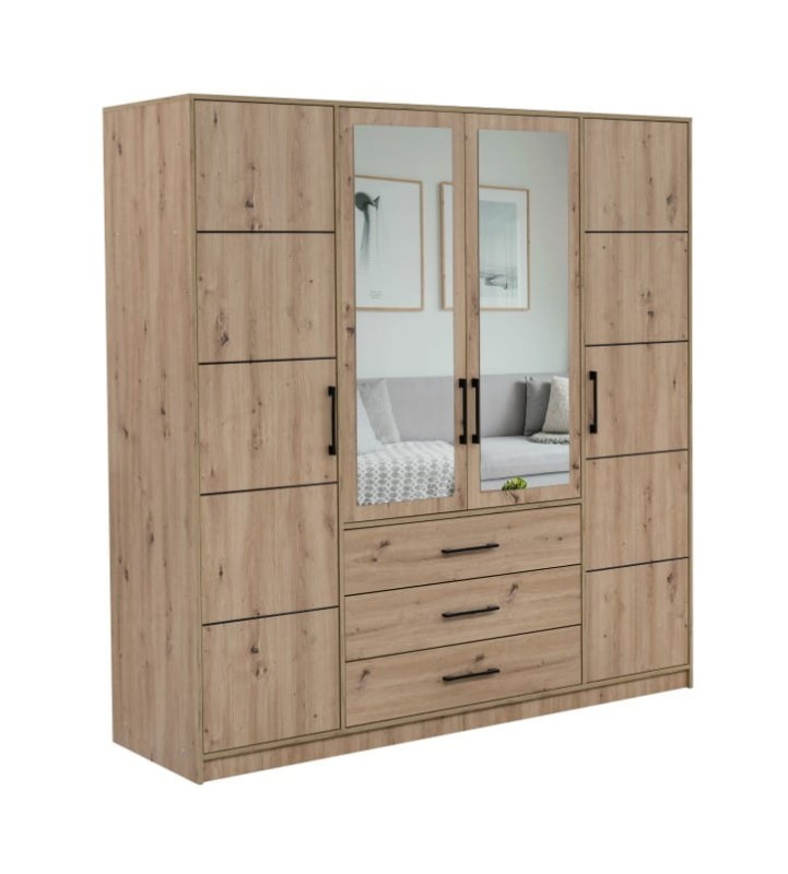 Szafa otwierana KOS D4 szerokość 196 cm czterodrzwiowa szuflady lustro dąb artisan