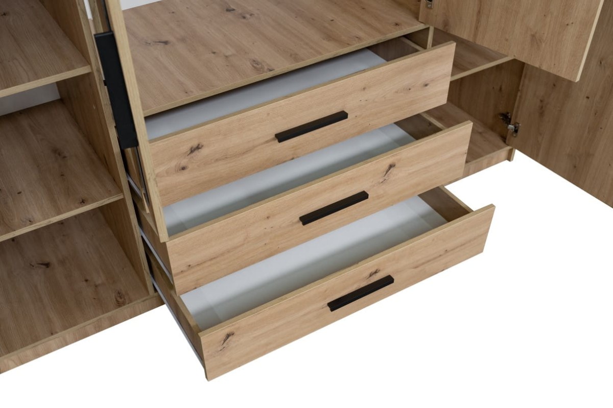 Szafa otwierana KOS D4 z nadstawką szerokość 196 cm wysokość 245 cm szuflady lustro dąb artisan