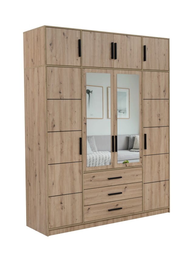 Szafa otwierana KOS D4 z nadstawką szerokość 196 cm wysokość 245 cm szuflady lustro dąb artisan