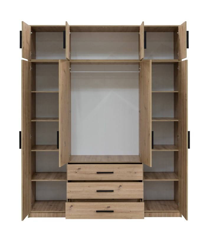 Szafa otwierana KOS D4 z nadstawką szerokość 196 cm wysokość 245 cm szuflady lustro dąb artisan