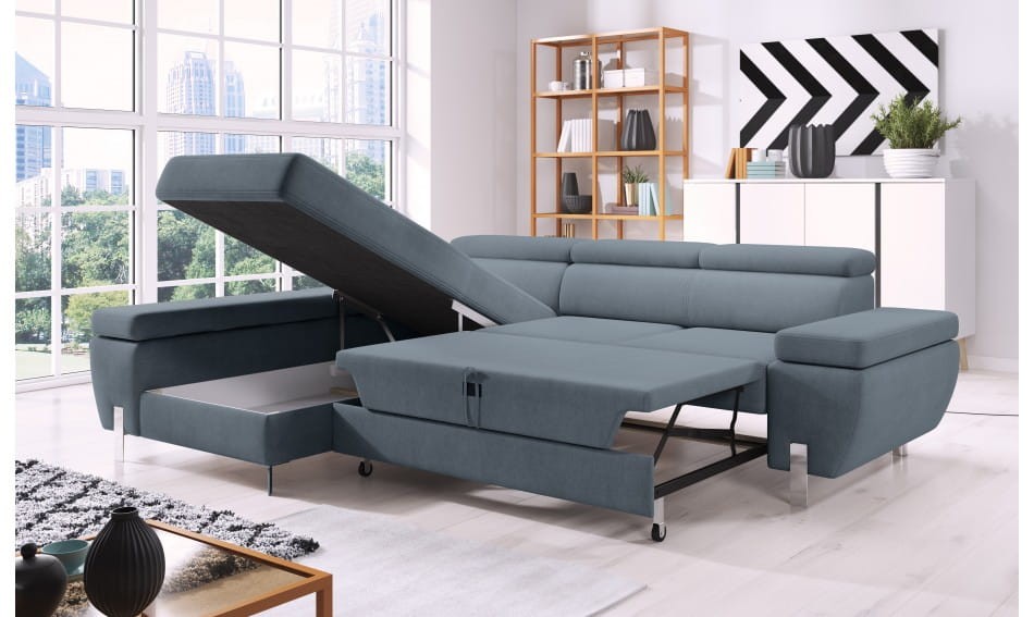 Narożnik Molina Mini Tkanina Alfa 16 Do Salonu Pokoju Z Funkcją Spania Pojemnik na Pościel Metalowe wysokie nogi Czarne Srebrne Styl Nowoczesny LOFT Regulowane Zagłówki