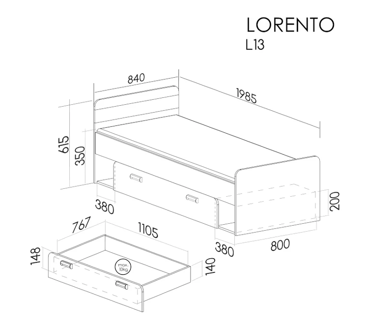 RYSUNEK TECHNICZNY system-lorento-l13-lozko-kolor-dab-nash.webp