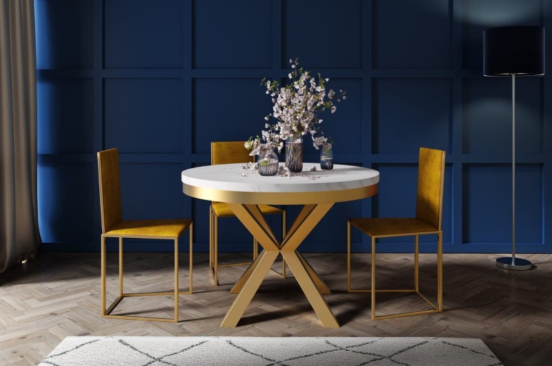 Stół NARWIK 100 - 176 Okrągły Rozkładany Blat Biały Marmur Nogi Złote.jpg