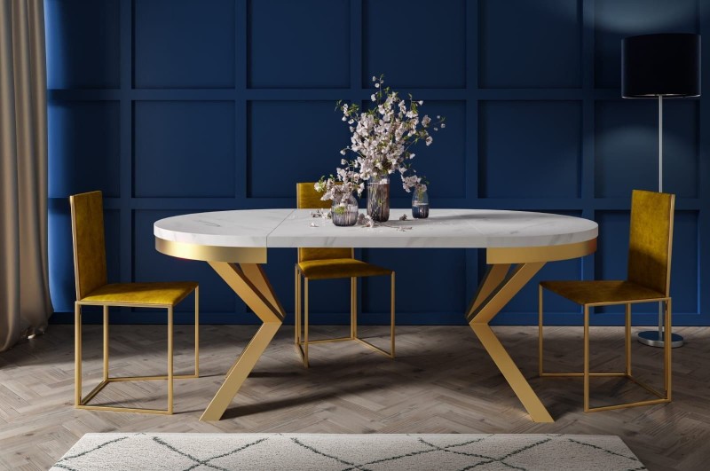 Stół NARWIK 100 176 Okrągły Rozkładany Blat Biały Marmur Nogi Złote.jpg