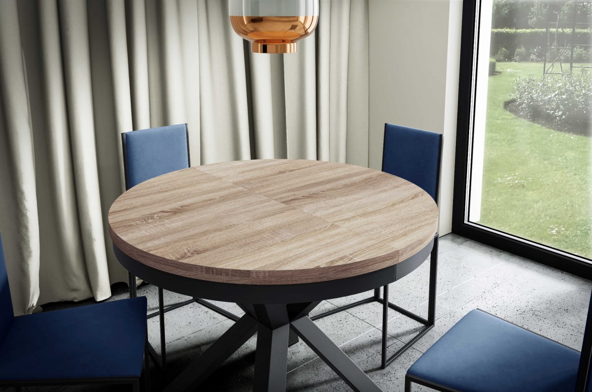 Stół NARWIK 100  176 Okrągły Rozkładany Blat Dąb Sonoma Nogi Czarne.jpg