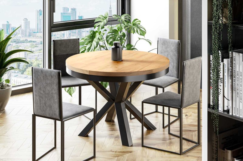 Stół NARWIK 100  176 Okrągły Rozkładany Blat Dąb Kraft Craft Złoty Nogi Czarne Loft.jpg