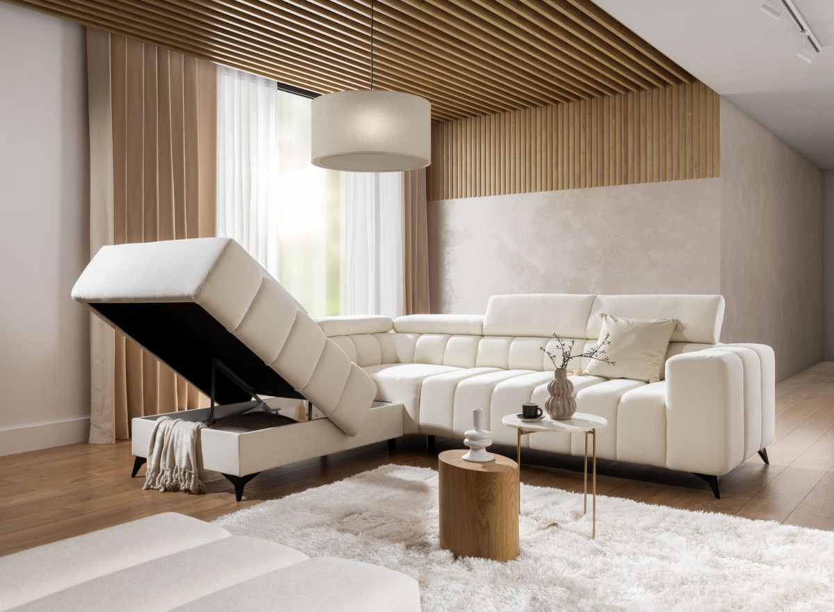 Narożnik RAGUSSO L z Otwartym Pojemnikiem na Pościel w Salonie