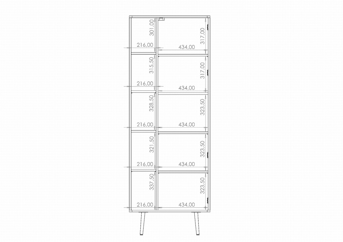 Regał PINELLI PN R1D Do Salonu Pólki Szerokość 70  Wąski Wysoki Pokoju Wyysokie nóżki  Czarny grafit Captains Deck Wymiary Srodek.JPG