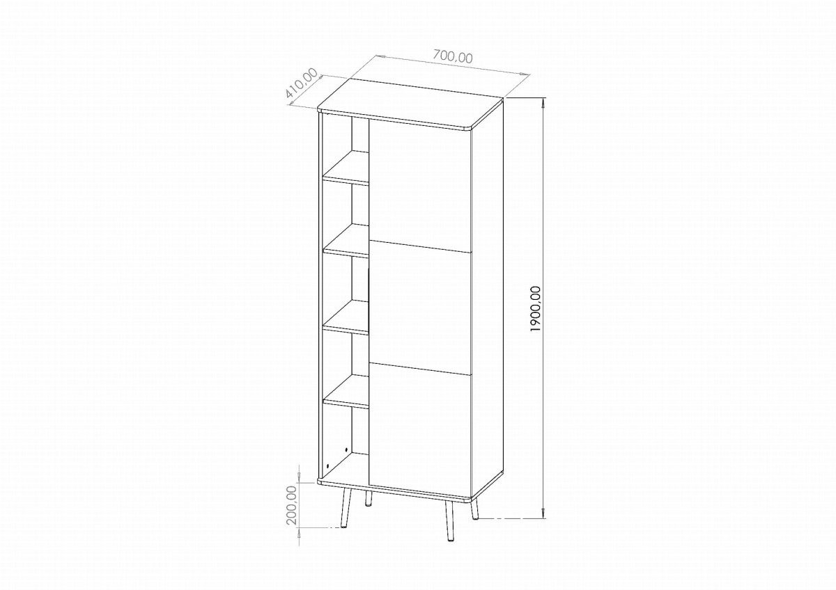 Regał PINELLI PN R1D Do Salonu Pólki Szerokość 70  Wąski Wysoki Pokoju Wyysokie nóżki  Czarny grafit Captains Deck Wymiary Zewnetrzne.JPG