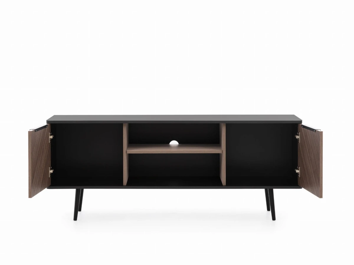 Szafka RTV PN RTV PN-04 Szerokość 150cm Wysokie Czarne Metalowe Nóżki 20cm 2 szafki półka Czarny grafit Captains Deck Otwarta.jpg