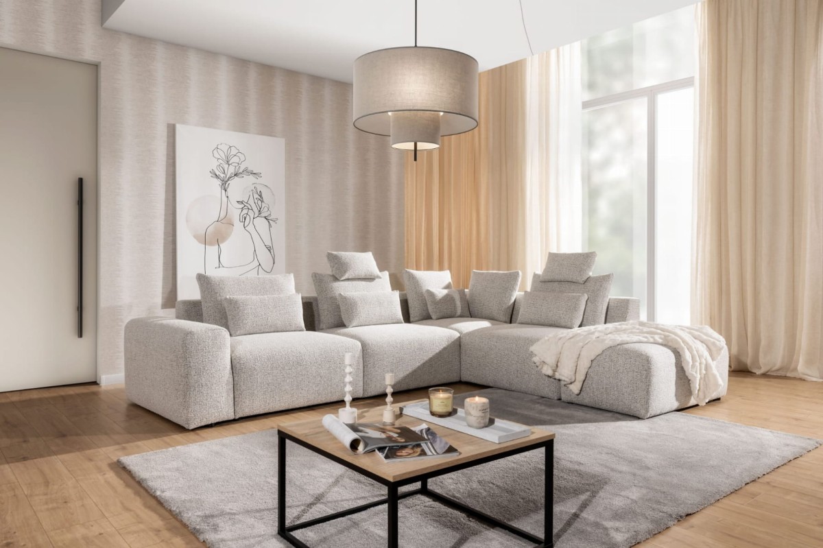 Narożnik BASTIA L 318 cm Modułowy 1,5BL+1,5+R+1,5KP+PUFA w Salonie