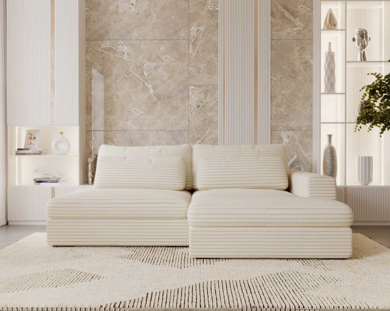Widok Prezentujący Przód Narożnika LEIDA Kremowego Rozkładanego z Funkcją Spania w Salonie