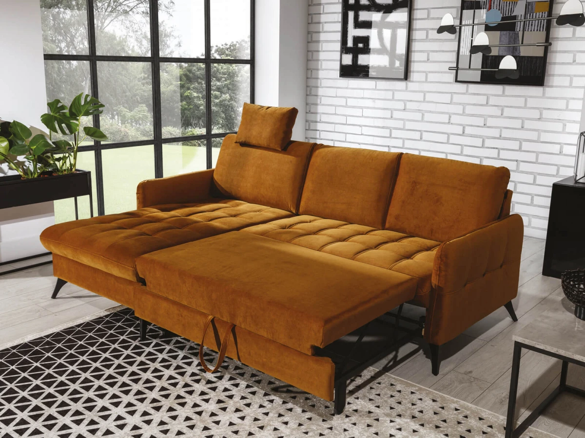 Nowoczesny Narożnik 225 cm LUKKA 5 z Rozłożoną Funkcją Spania w Salonie