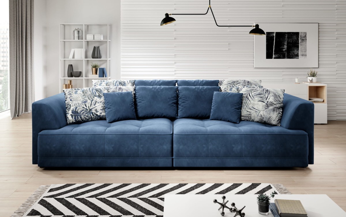 TIGA Big Sofa Tkanina Riviera 79 Niebieska Granatowa Jungle 37 Botanical 80 Nowoczesna Poduszki Elektryczna Regulacja Głębokości Siedziska Funkcja Spania Duża Do Salonu Pokoju.jpg
