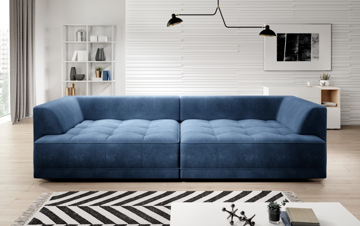 TIGA Big Sofa Tkanina Riviera 79 Niebieska Granatowa Jungle 37 Botanical 80 Nowoczesna Poduszki Elektryczna Regulacja Głębokości Siedziska Funkcja Spania Duża Do Salonu Pokoju 125 x 237