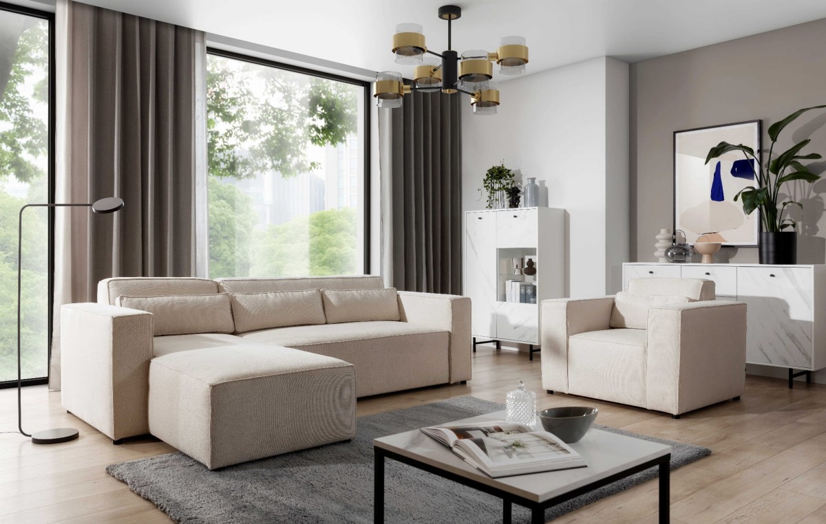 Aranżacja Salonu z Narożnikiem z Funkcją Spania oraz Fotelem CASTEL