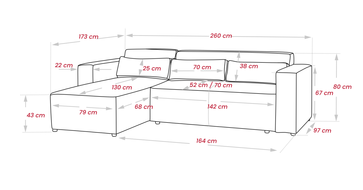 Zdjęcie Wymiarów Narożnik z Funkcją Spania CASTEL